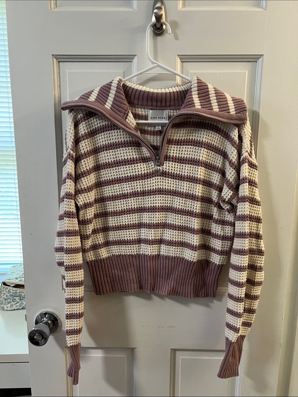 Rails Mauve and Cream Striped Half-Zip Sweater